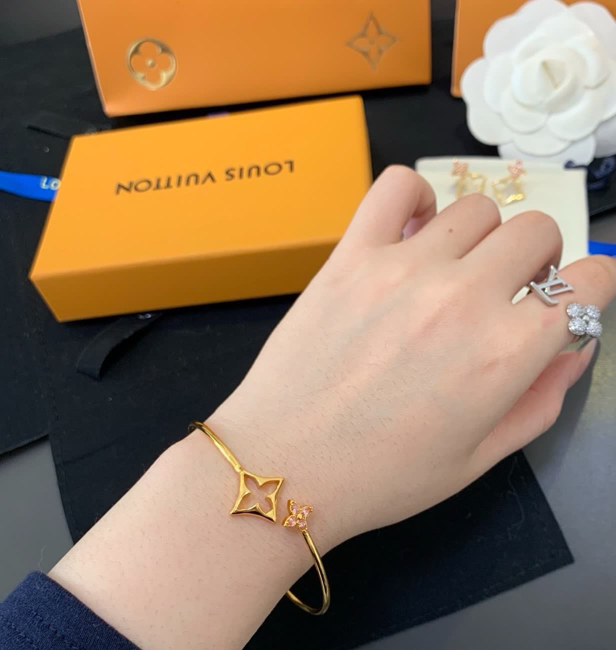 Louis Vuitton Gold Flower Bracelet with Pink Stones